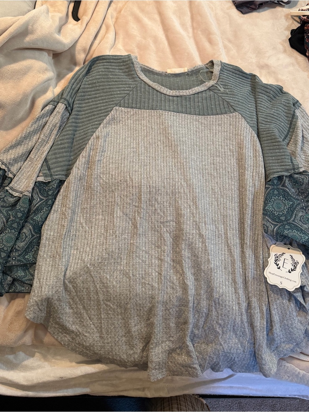 Boho Ruffle Sleeve Mixed-Texture Top - Grey Blue